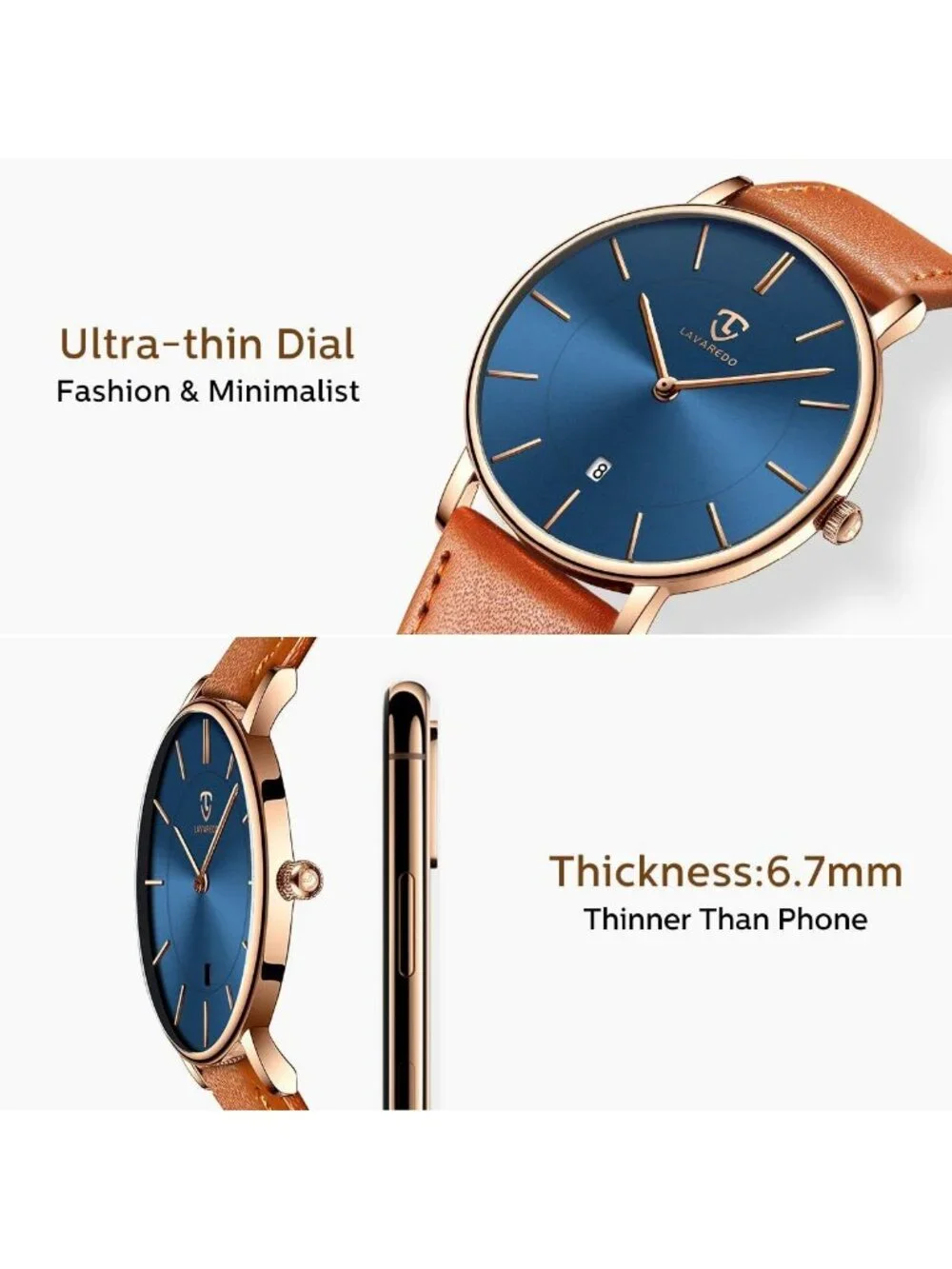 Men Blue Orange Leather Strap Analog Minimalist Fashion Simple Round Wrist Watch